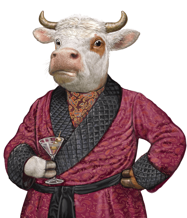 Anthropomorphic cow in a burgundy robe, holding a martini and striking a confident pose.